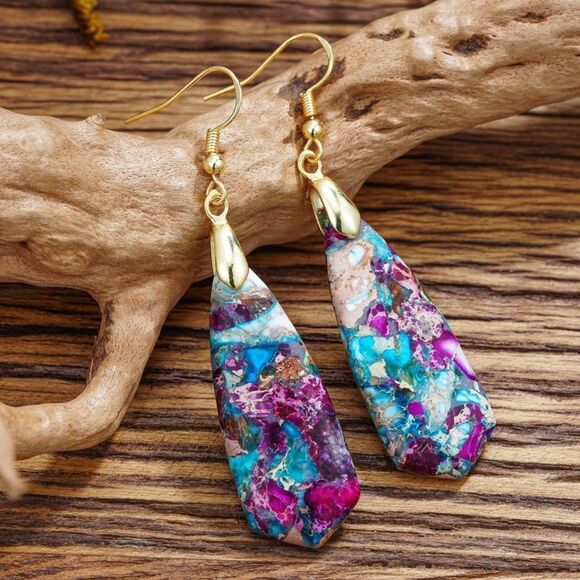 18K Yellow Gold with Natural Imperial Blue Purple Jasper Stone Hook Earrings - Picture 2 of 6
